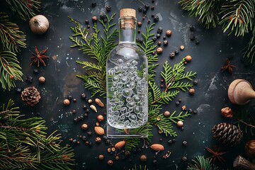 A bottle of premium gin surrounded by juniper berries and botanicals