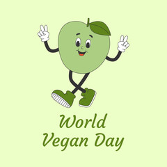 World Vegan Day banner with cute apple character in retro groovy style. Vector illustration