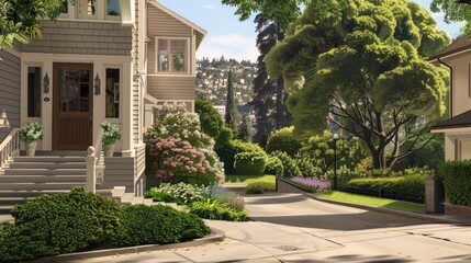 Obraz premium A two-story house with a brown front door and a porch with steps. There is a large tree to the right and a driveway leading up to the house