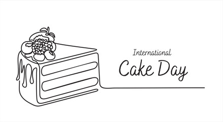 International cake day. Continuous one line drawing of Cake isolated on white background. Vector illustration of sweet dessert form in trendy outline style