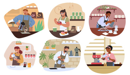 Set Of Baristas Preparing Coffee In Various Settings, Characters Performing Coffee-making Activities Like Latte Art