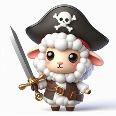 Fototapeta premium Cute Sheep Pirate Holding Sword Cartoon 3d Generative aI