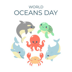 World oceans day template with cute ocean animals. Template for postcard, poster, banner, social media. Vector illustration