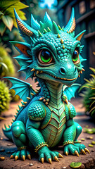 Fototapeta premium A digital illustration depicts a baby blue dragon sitting in a picturesque garden setting. The dragon features green eyes, golden horns, and additional golden features that may resemble a beard 