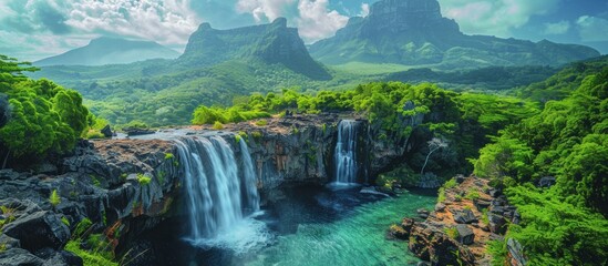 Waterfall cascading down rocky cliffs in a lush green valley