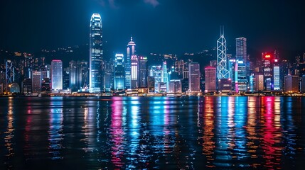 Fototapeta premium A vibrant cityscape at night with illuminated skyscrapers reflecting on the water, capturing the essence of modern urban life.