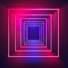 Glowing square of neon lights is lit up in a dark room.	
