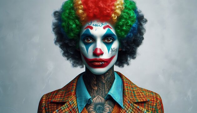  Portrait woman in suit with clown makeup and color hair,cosplay.Generative AI