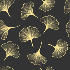 Seamless pattern with golden line gingko leaves isolated on the dark grey background.