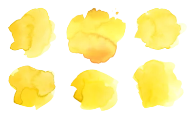 Fotobehang PNG Ink watercolor hand drawn drop blot. Wet yellow color paper texture stain on transparent background. Set, © Liliia