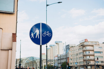 Pedestrian bicycle sign, road bike cycle. Walk path lane safety traffic, city track sidewalk...