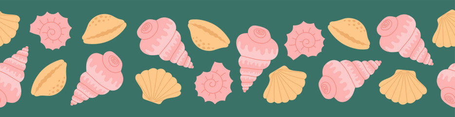 Seamless border with hand drawn pink and beige seashell on emerald green background. Template for print, fabric, greeting card and invitation. Vector illustration