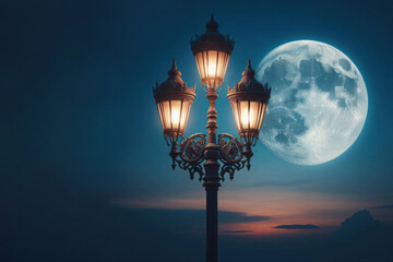 A single, antique lamppost against the background of the full moon. Space for text.