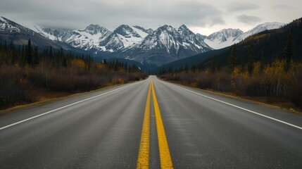 Fototapeta premium Empty road winds through beautiful Alaskan scenery, snow-capped mountains in the distance