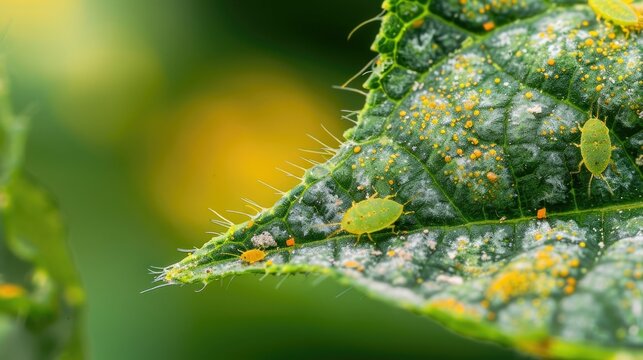 Close up of aphid on leaf crop damage insect control Damaged leaves plant eating bugs tree foliage eaten by parasites Empty space