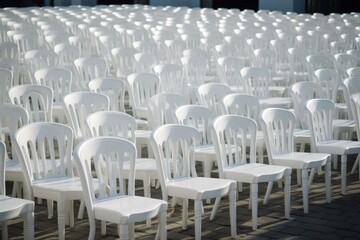 Naklejka premium Rows of empty white plastic chairs arranged meticulously for an outdoor event