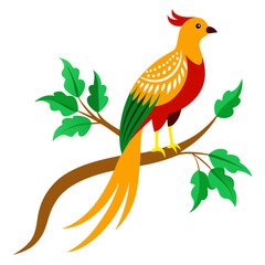 Golden Pheasant Perched on Green Tree Branch | White Background