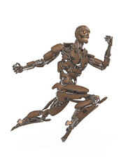 mega cyborg is jumping to punch in action like a super hero in white background