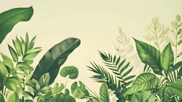 A close-up image of a variety of green plant leaves against a white background. The leaves are vibrant and full of life, creating a lush and tropical atmosphere.