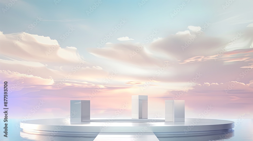 Aufkleber futuristic display platform with cubic stands against a pastel sky
