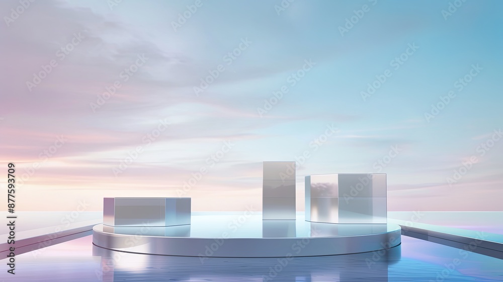 Poster Futuristic Product Display Platform With Cubic Stands in a Sci-Fi Setting