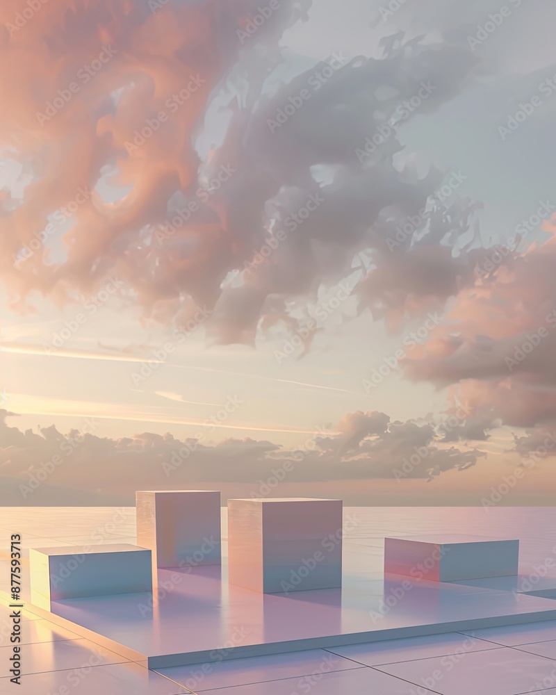 Aufkleber futuristic display platform with cubic stands under pastel clouds