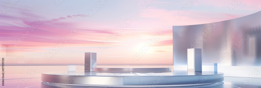 Poster futuristic product display platform with three cubic stands at sunset