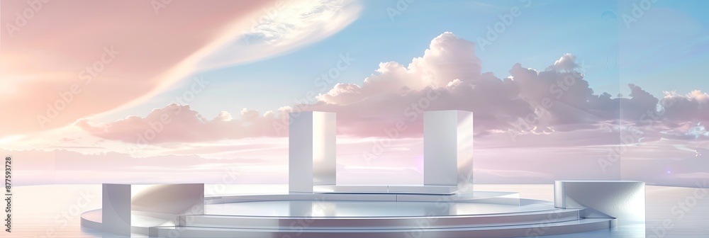 Poster futuristic product display platform with cubic stands in a cloudy sky