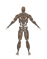 mega cyborg on a pose in white background rear view