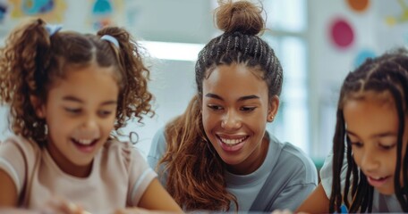 Obraz premium Female teacher helping two young girls with a classroom activity