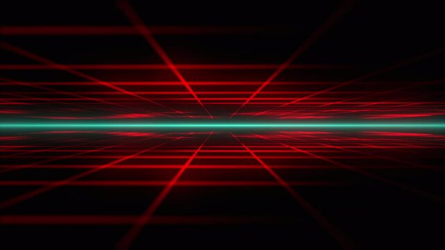 Flying through endless red futuristic digital grid tunnel. Grid background of neon red lines with turquoise light. Science fiction, retro-futuristic terrain grid. Neon VJ loop. Retro background. 4k.