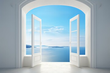 White open doors reveal a breathtaking view of a calm sea and clear sky