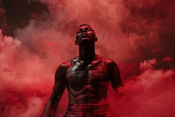 Muscular black male boxer with sweat and blood on his body is standing in red smoke