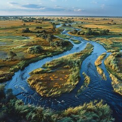 Majestic river delta with winding channels and a rich tapestry of wildlife, capturing the essence of nature's diversity