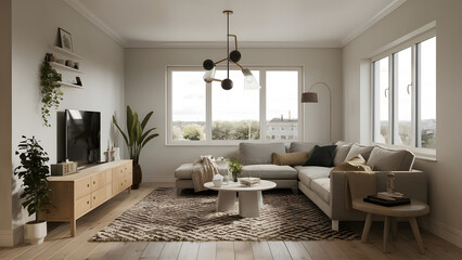 Fototapeta premium Scandinavian interior design of modern spacious living room