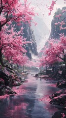 Enchanting river surrounded by cherry blossom trees in full bloom, their pink petals gently falling into the water