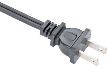 Electrical Wire with Power plug. Black rubber Cord or cable with plug. United States and Canada, national standards voltage 110V - 120V Electrical repairs shop. Replacements parts. Isolated background