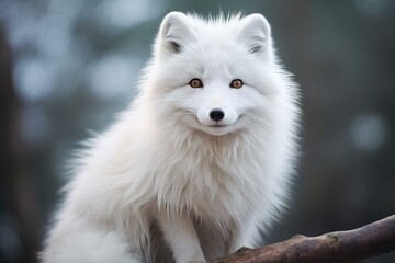 Obraz premium Portrait of a beautiful white fox with piercing eyes set against a soft forest background
