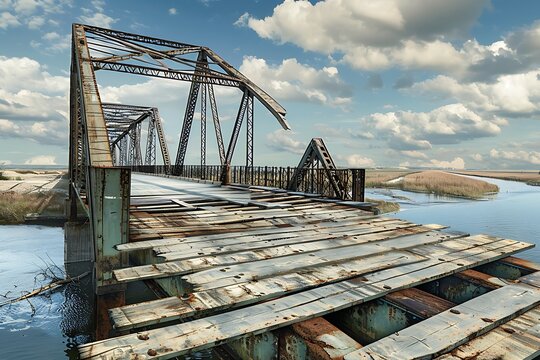 A bridge transforming from wooden planks to a modern steel structure, depicting infrastructural growth