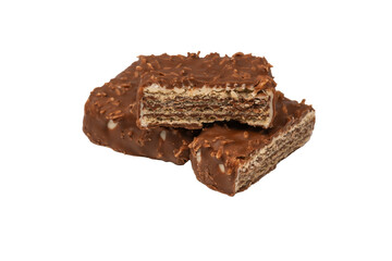 Chocolate coconut wafer bar isolated on white background.