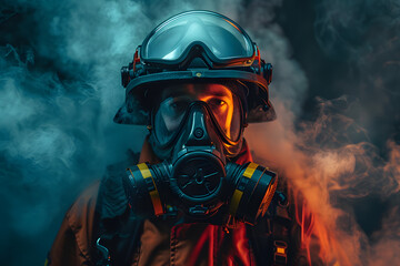 firefighter wearing a gas mask and helmet, standing amidst a smoky backdrop with a mix of blue and orange lighting, symbolizing courage and readiness in hazardous conditions