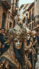 Obraz premium Actors in intricate, bright costumes and masks performing in an urban street setting