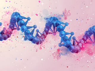 An abstract representation of a DNA helix rendered in blue and pink hues with geometric shapes and floating particles, set against a gradient background, symbolizing science and modern design