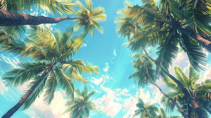 A tropical scene with palm trees and a blue sky