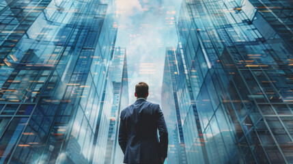 Fototapeta premium A man in a suit stands in front of a tall building, looking up at the sky