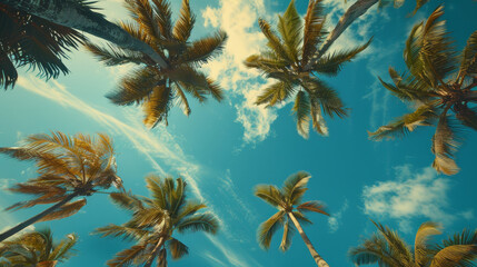 A beautiful blue sky with palm trees in the background