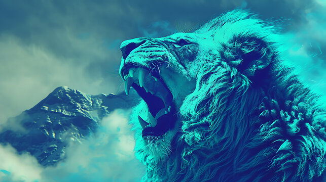 A roaring lion in blue and green tones against a snowy mountain backdrop evokes power and wildness. 