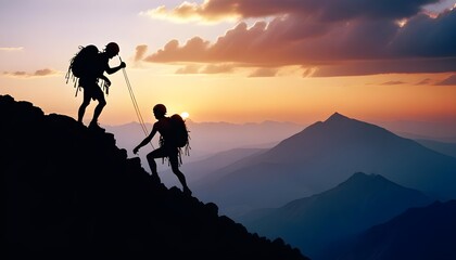 silhouette of the climber helping the other climber for reaching the top of mountain, cloudy sky at sunset time, copy space for text

