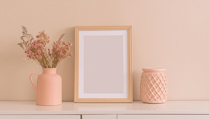 frame standing on a table near the wall. Scandinavian interior in beige colors. ceramic vase with small sheaf of ears of grain,. Beautiful hygge mockup and background for painting presentation