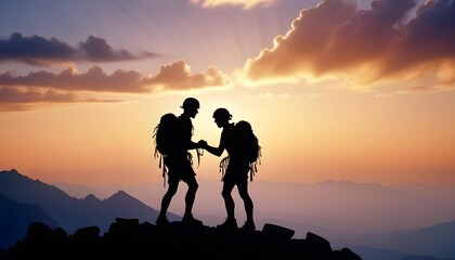 silhouette of the climber helping the other climber for reaching the top of mountain, cloudy sky at sunset time, copy space for text
